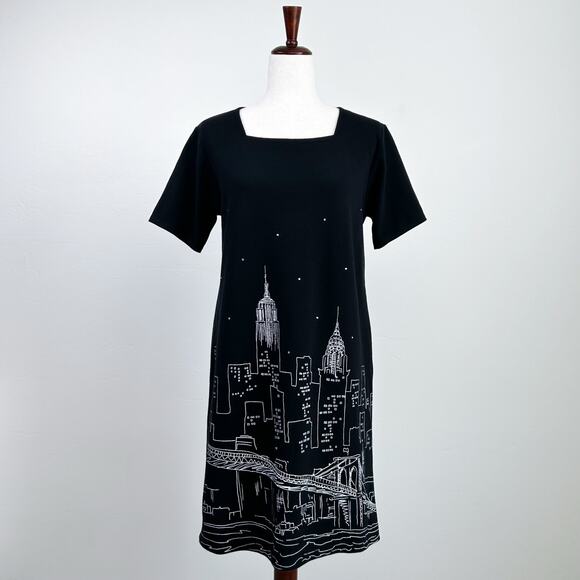 Vintage 90s NYC Skyline Empire State Black Shift Dress - Picture 1 of 8